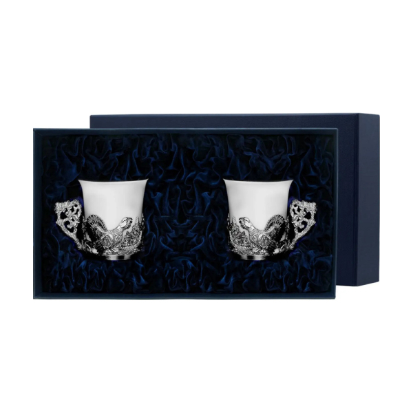 Чашка кофейная Глухарь из серебра 925 пробы - набор на 2 персоны