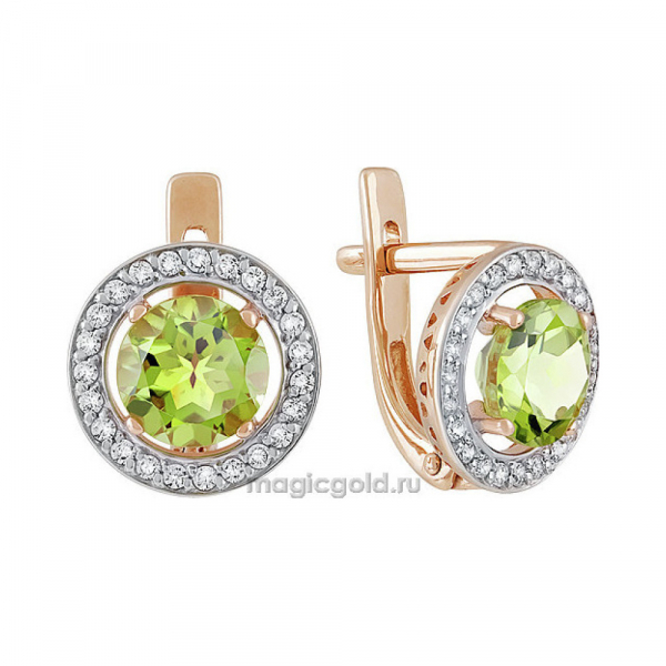 Золотые серьги с хризолитом и фианитом № 139812