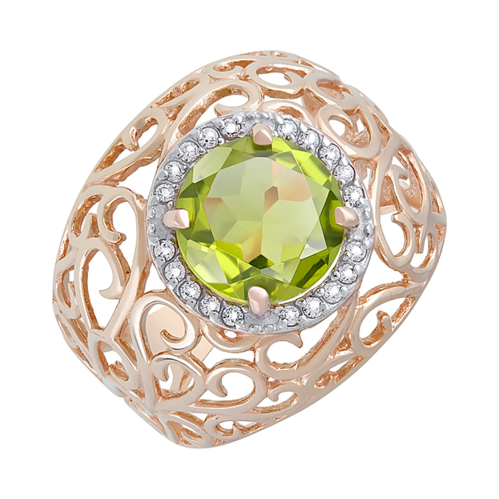 Золотое кольцо с хризолитом и фианитом № 120300