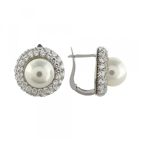 Серебряные серьги с имитац.жемчуга и фианитами № 95186