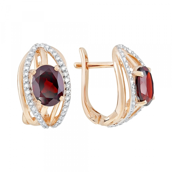 Золотые серьги с гранатом и фианитом № 119584