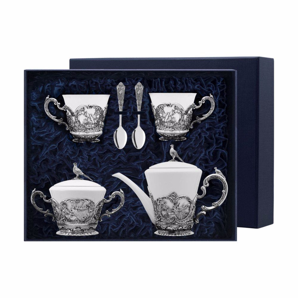 Набор Королевская охота: ложка, чашка, чайник, сахарница из серебра 925 пробы