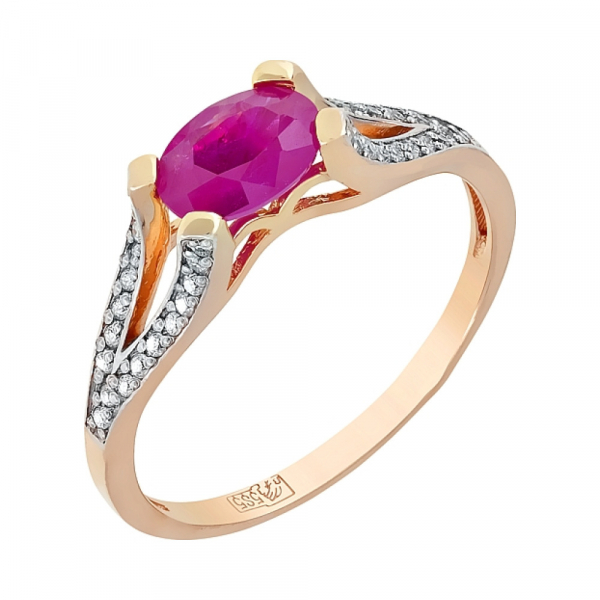 Золотое кольцо с бриллиантом и рубином № 111781