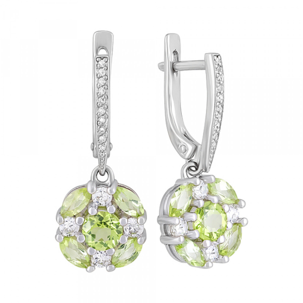 Серебряные серьги с хризолитом и фианитом № 123310