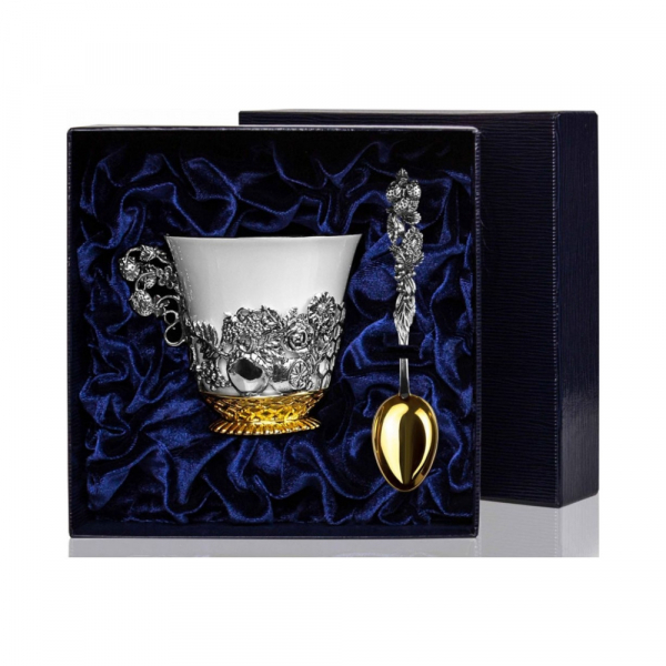 Набор серебряная чайная чашка «Натюрморт» с позолотой