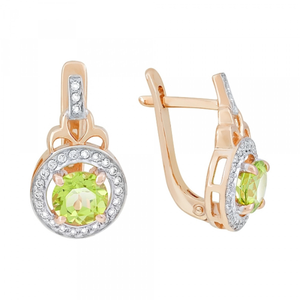 Золотые серьги с хризолитом и фианитом № 117576