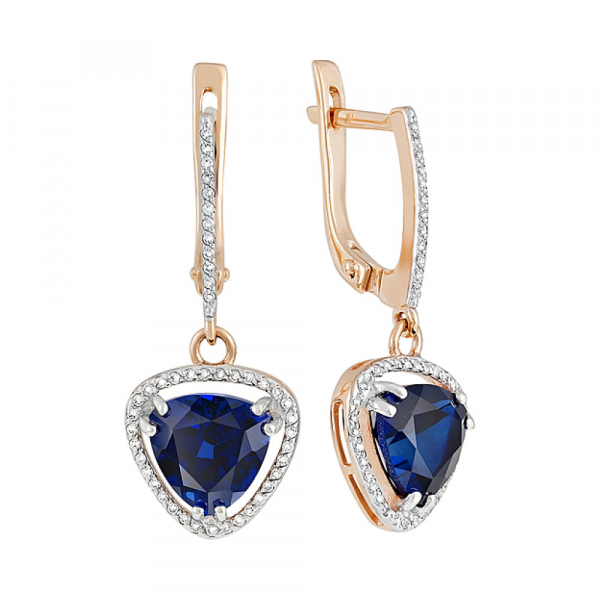 Золотые серьги с сапфиром иск.выр. и фианитом № 129950