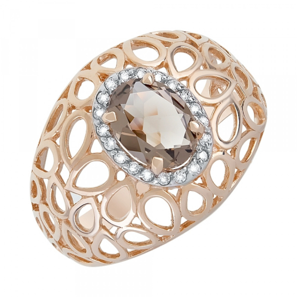 Золотое кольцо с раухтопазом и фианитом № 119944