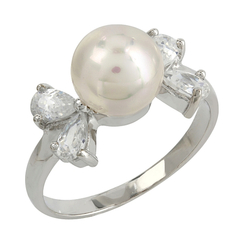 Серебряное кольцо с имитац. жемчуга и фианитом № 106734