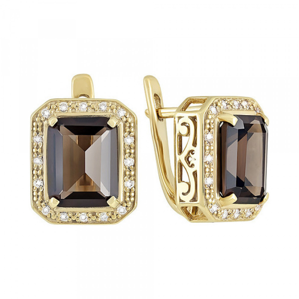 Серебряные серьги с раухтопазом, фианитом и золотым покрытием № 132908