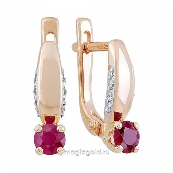 Золотые серьги с бриллиантом и рубином № 151377