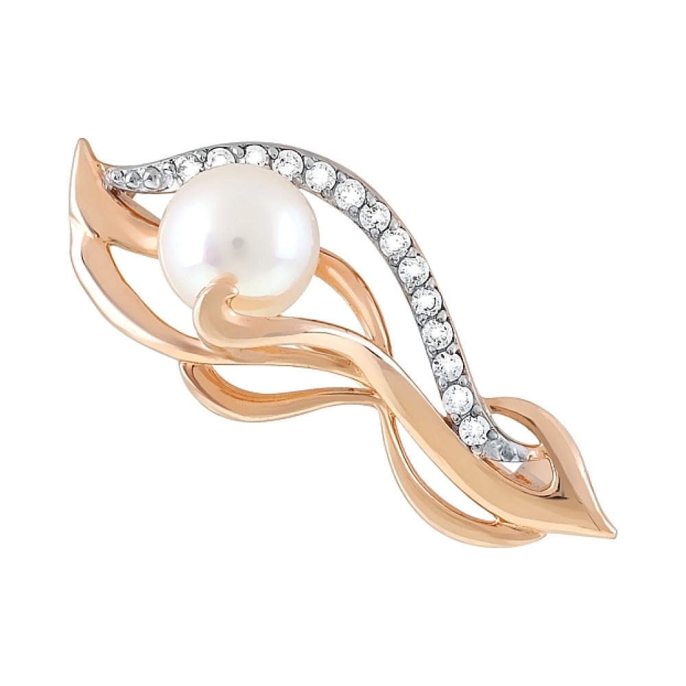 Золотая брошь с жемчугом и фианитом № 120748