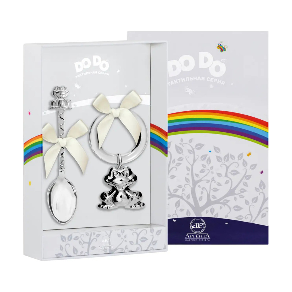 Набор детский Лягушка: ложка и погремушка из серебра 925 пробы