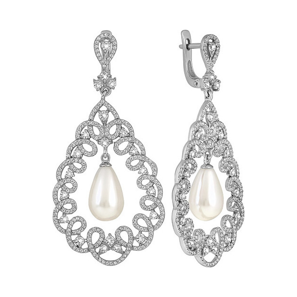 Серебряные серьги с перламутровым жемчугом и фианитом № 134599