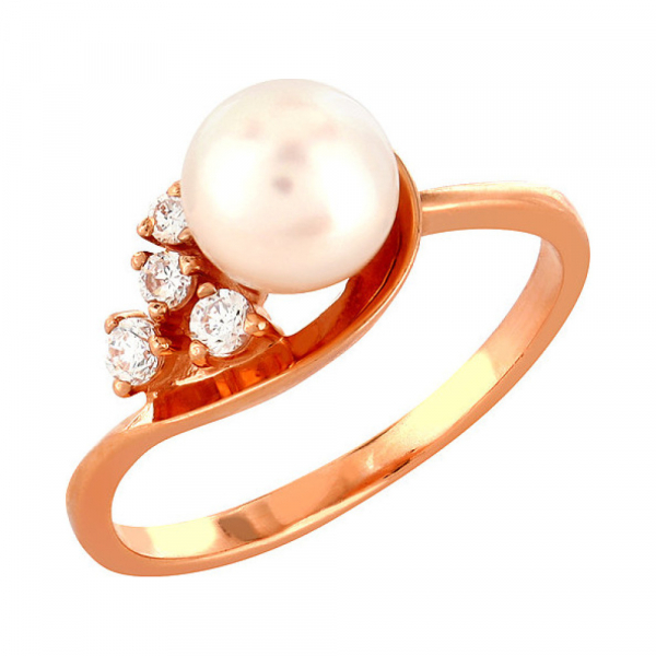 Золотое кольцо с жемчугом и фианитом № 85413