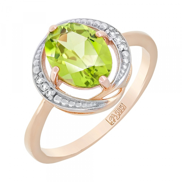 Золотое кольцо с хризолитом и фианитом № 117571