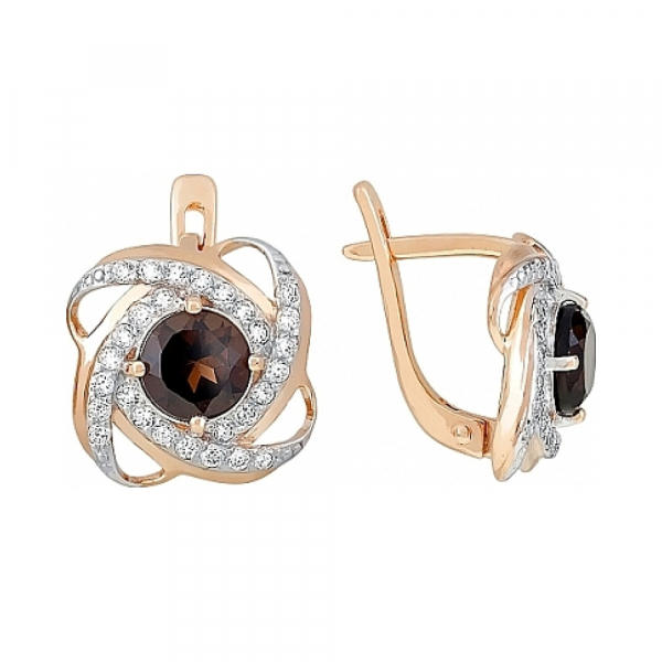 Золотые серьги с раухтопазом и фианитом № 95744