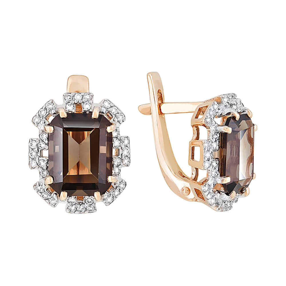 Золотые серьги с раухтопазом и фианитом № 118610