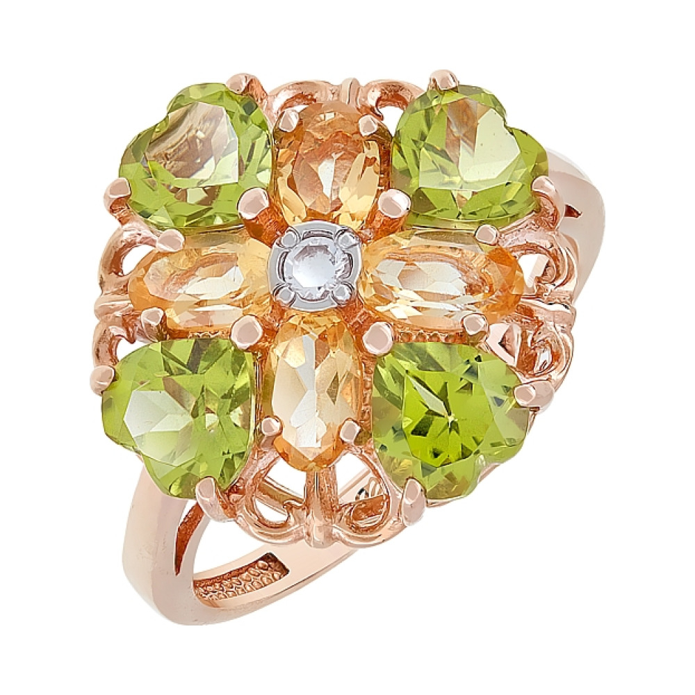 Золотое кольцо с полудрагоценными вставками и фианитом № 114079