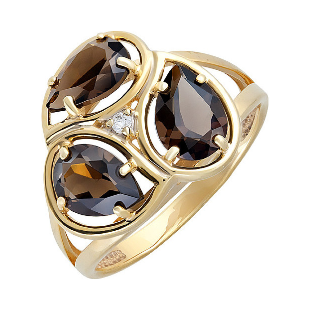 Серебряное кольцо с раухтопазом, фианитом и золотым покрытием № 132617