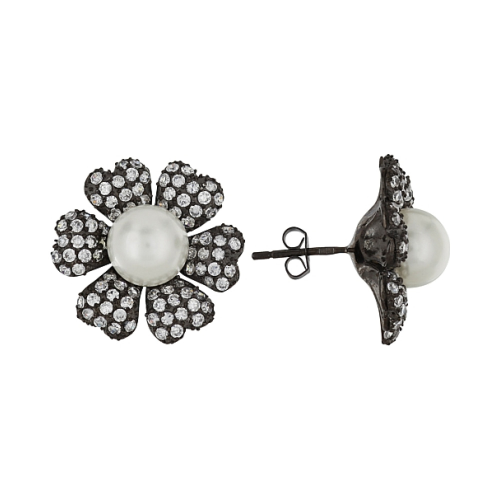 Серебряные серьги с имитац.жемчуга и фианитами № 99556