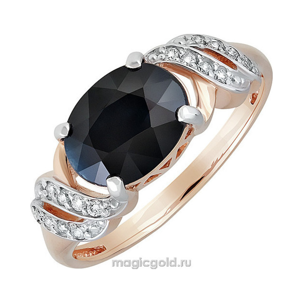 Золотое кольцо с бриллиантом и чёрным сапфиром № 140363