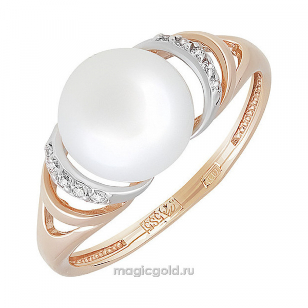 Золотое кольцо с жемчугом и фианитом № 151371