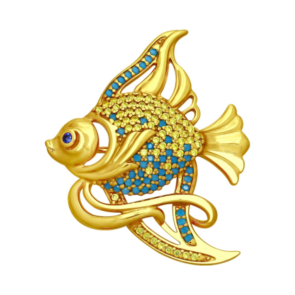 Серебряная брошь с ситаллом, фианитом и золотым покр. № 163070