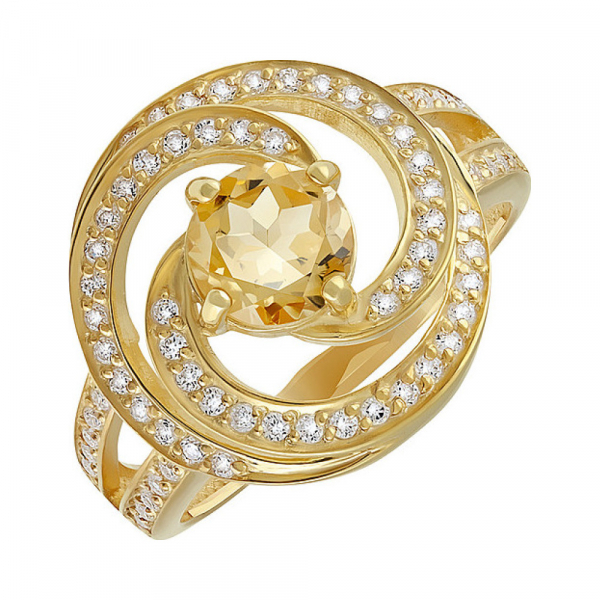 Серебряное кольцо с цитрином, фианитом и золотым покрытием № 133927