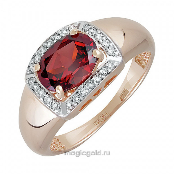 Золотое кольцо с гранатом и фианитом № 141339