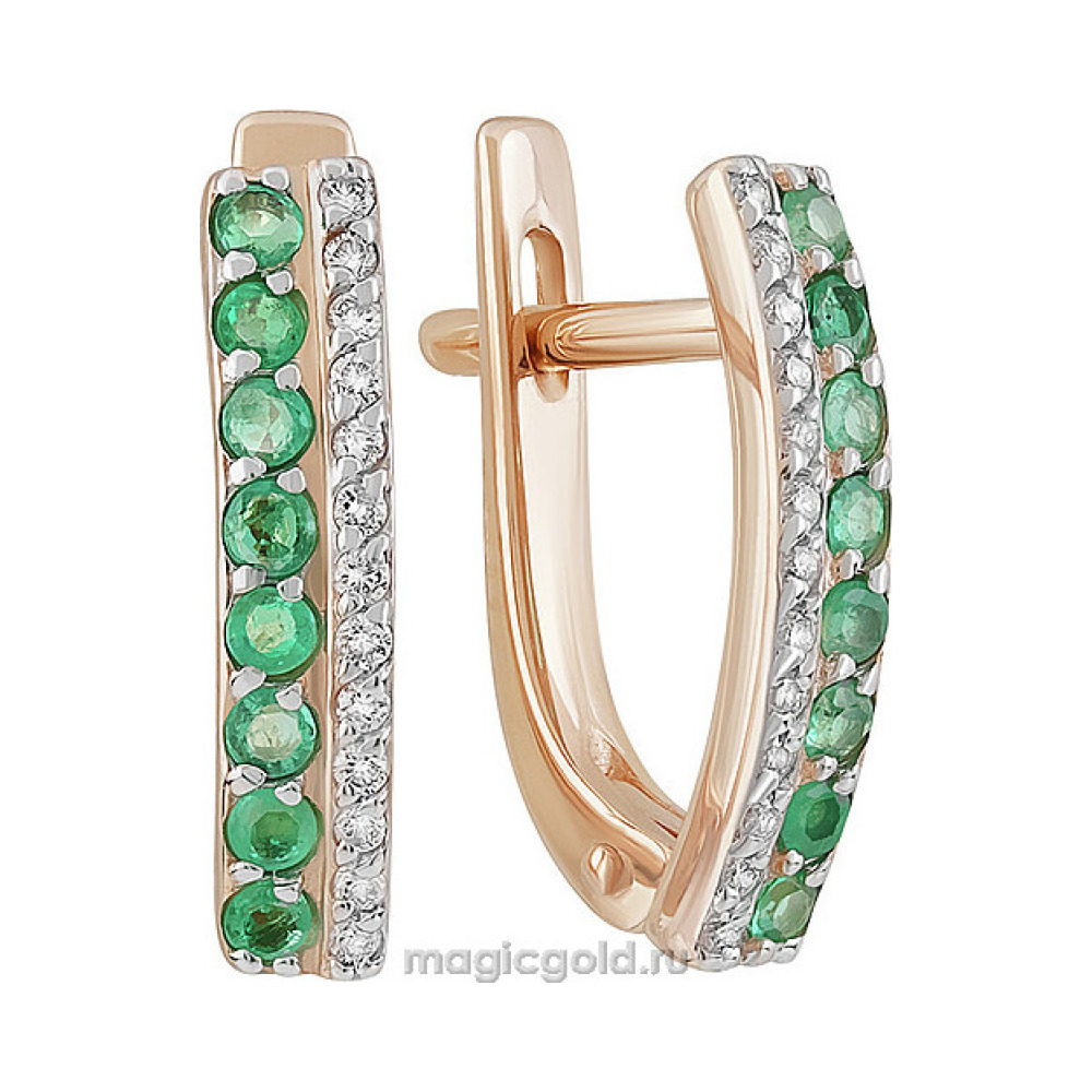 Золотые серьги с бриллиантом и изумрудом № 155961
