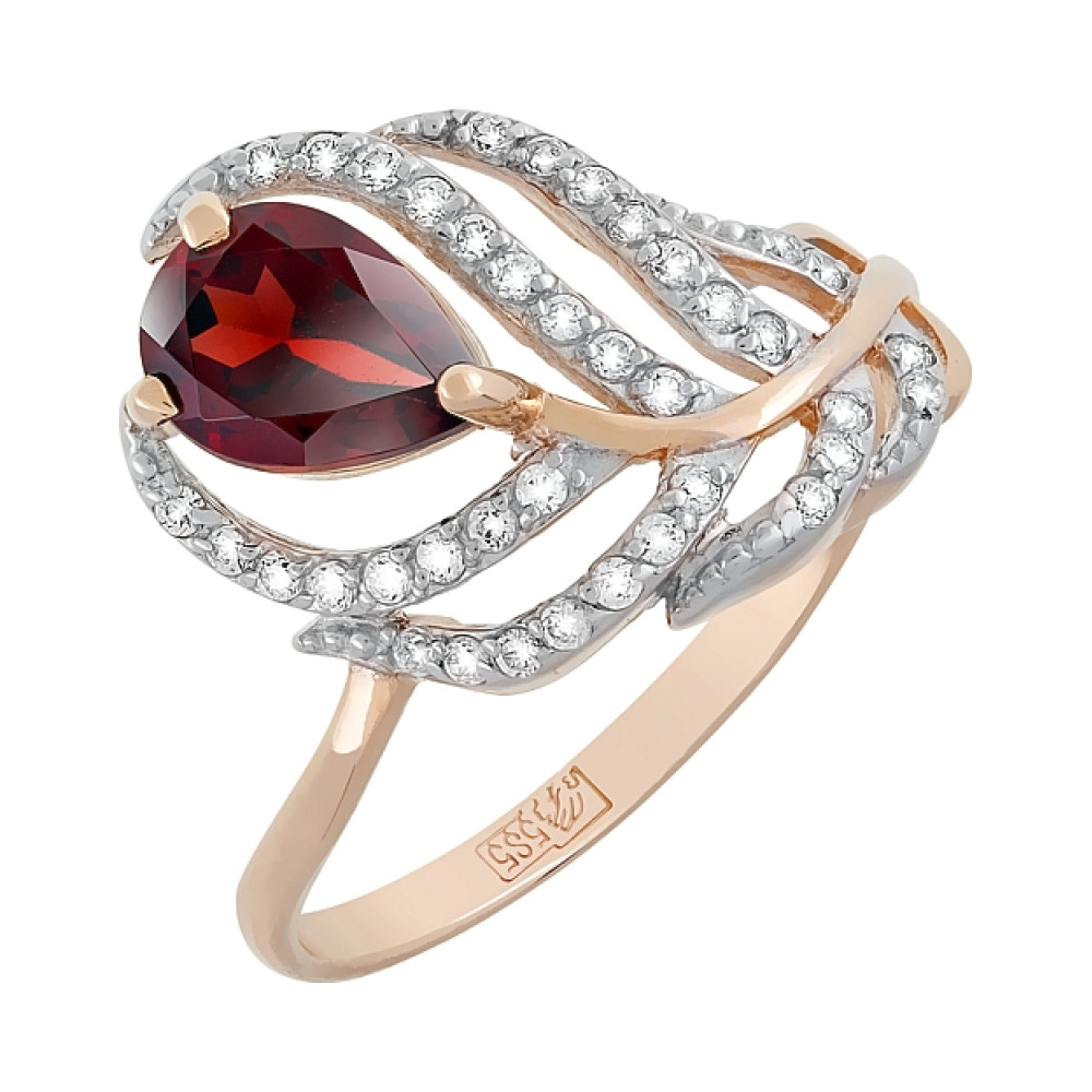 Золотое кольцо с гранатом и фианитом № 117473