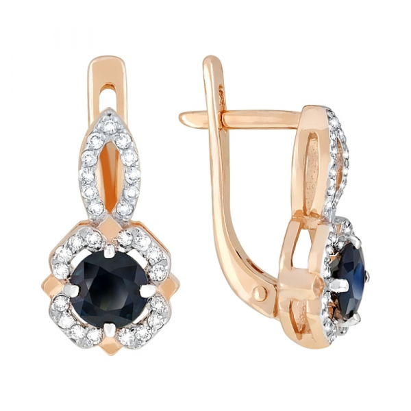 Золотые серьги с бриллиантом и сапфиром № 119135