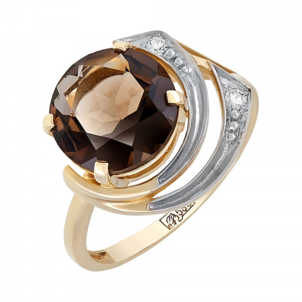 Золотое кольцо с раухтопазом и фианитом № 99045