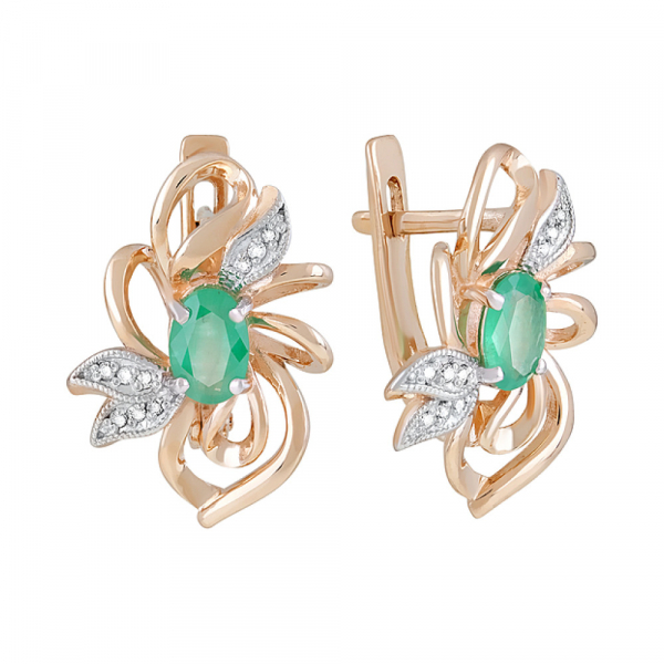 Золотые серьги с бриллиантом и изумрудом № 123181