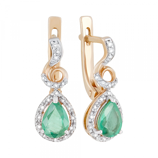 Золотые серьги с бриллиантом и изумрудом № 116976