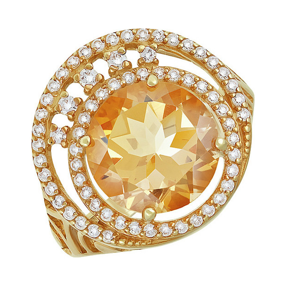 Серебряное кольцо с цитрином, фианитом и золотым покрытием № 134085