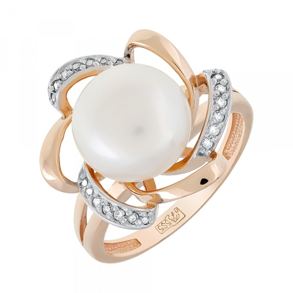 Золотое кольцо с жемчугом и фианитом № 99696