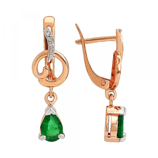 Золотые серьги с бриллиантом и изумрудом № 84310