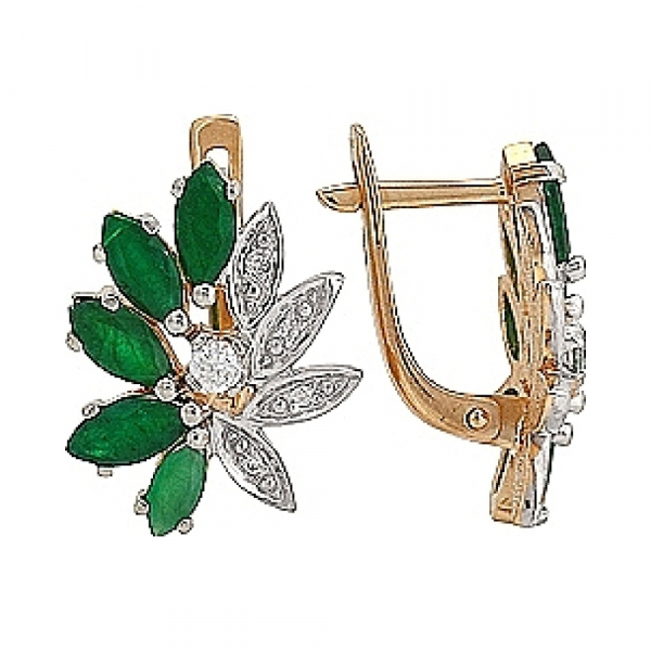 Золотые серьги с изумрудом и фианитом № 70654