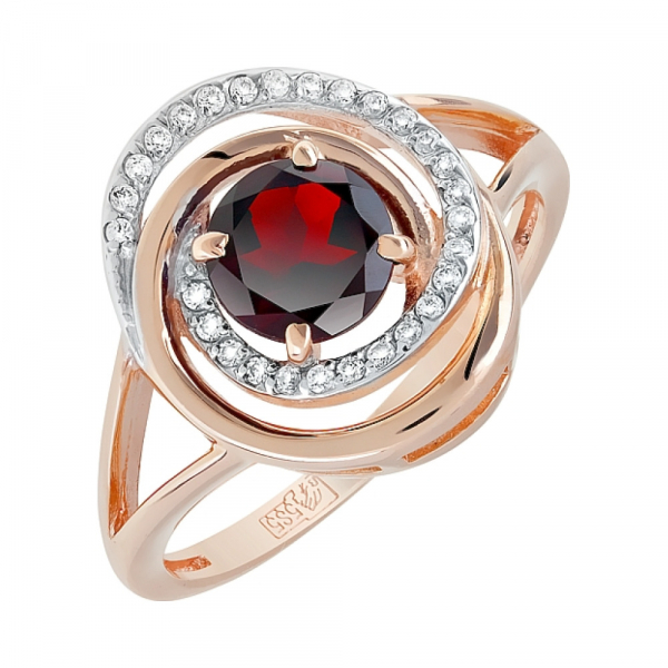 Золотое кольцо с гранатом и фианитом № 119388