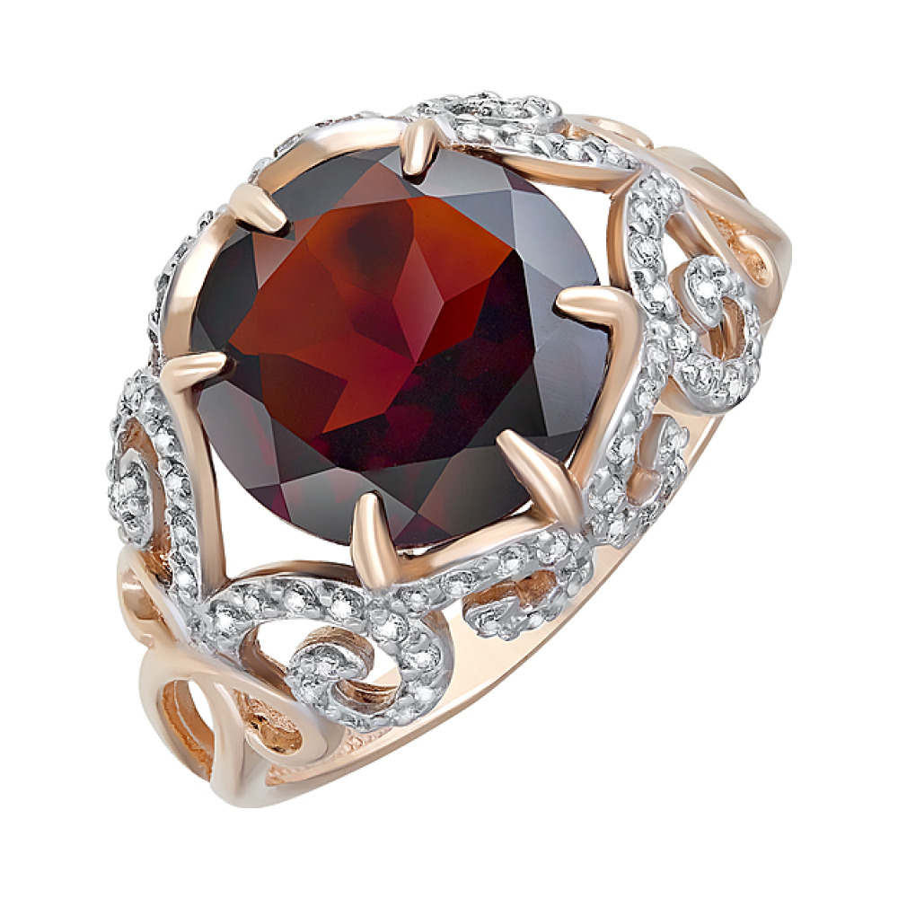 Золотое кольцо с гранатом и фианитом № 124108