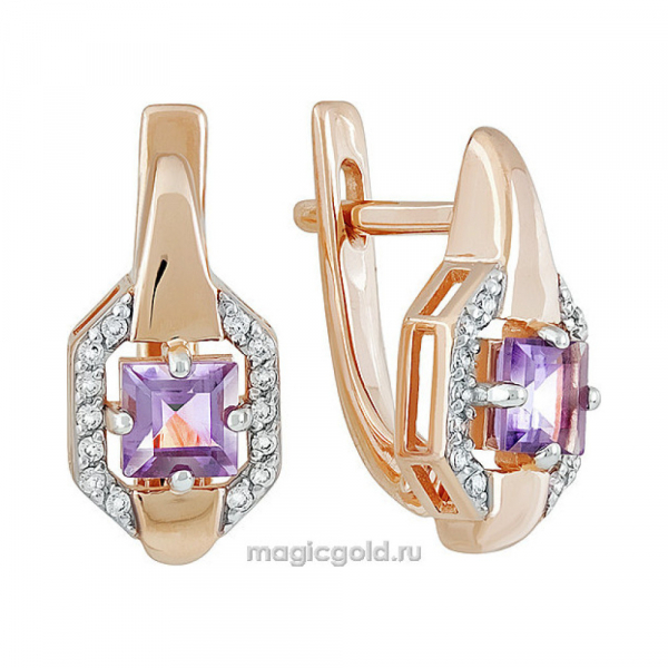 Золотые серьги с аметистом и фианитом № 141407