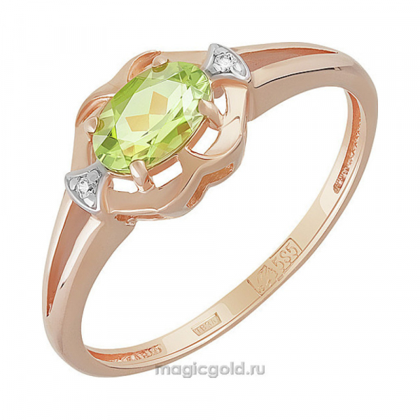 Золотое кольцо с хризолитом и фианитом № 159605