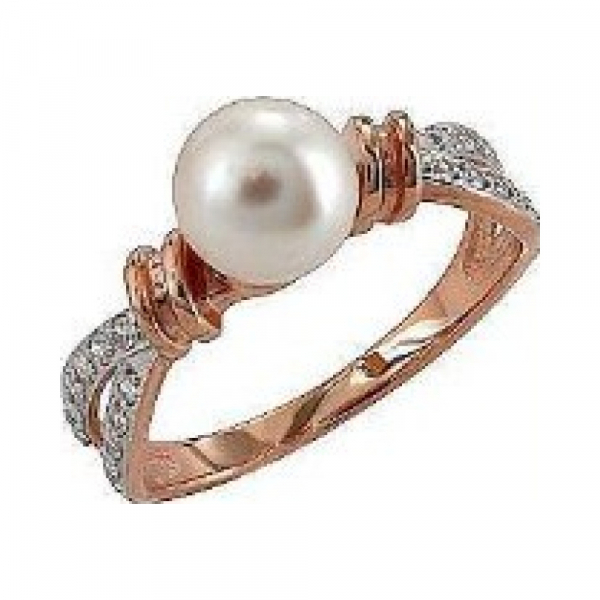 Золотое кольцо с жемчугом и фианитом № 73039