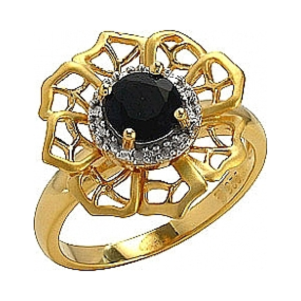 Серебряное кольцо с сапфиром,фианитом и золотым покрытием № 75133