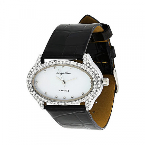 Часы кварцевые Magic Time с фианитами и перламутром на черном ремешке № 85378