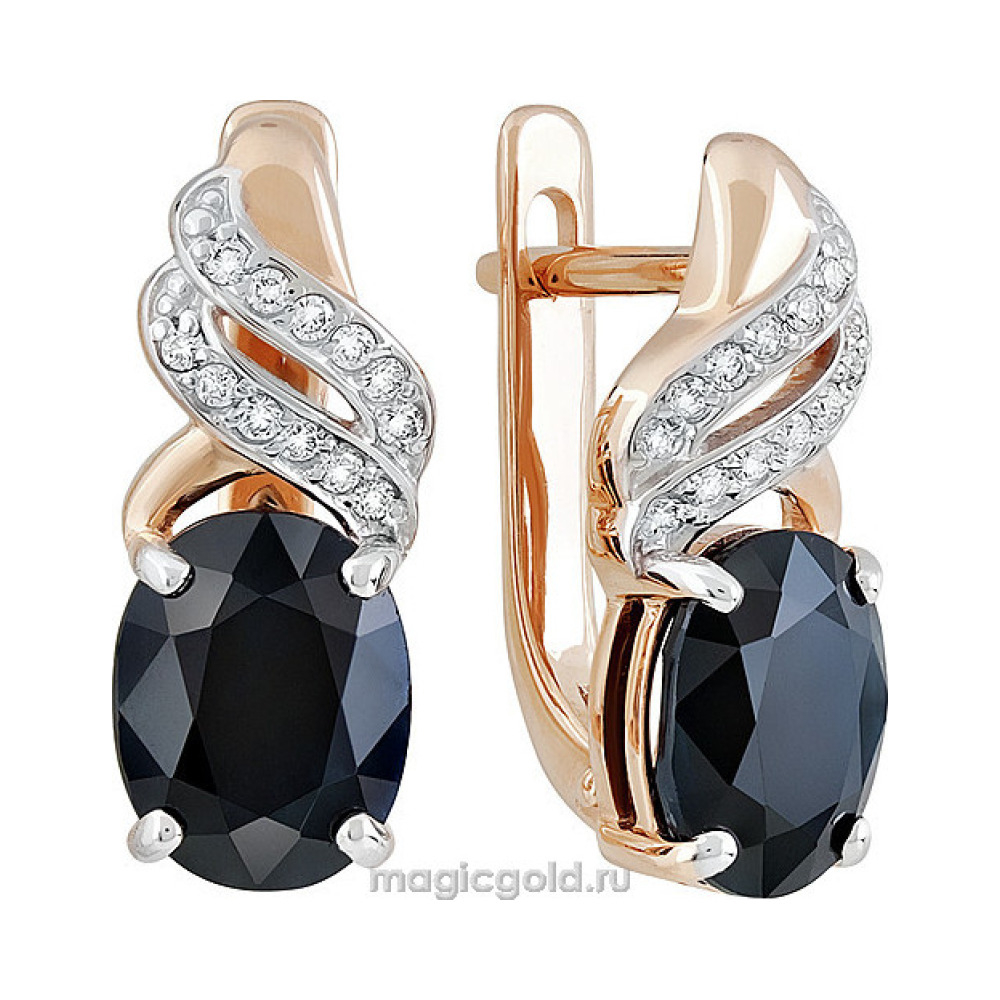 Золотые серьги с бриллиантом и чёрным сапфиром № 140364