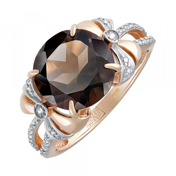 Золотое кольцо с раухтопазом и фианитом № 126990