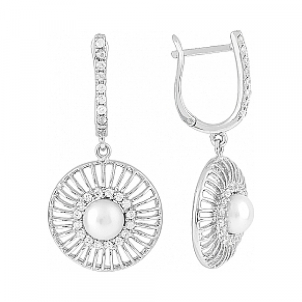 Серебряные серьги с имитац. жемчуга и фианитом № 114271